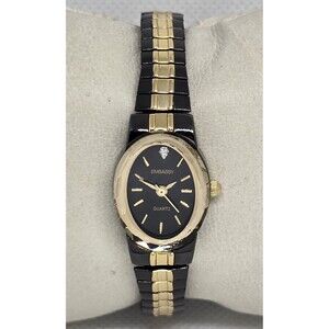 Woman's Embassy Elegant Petite Oval Black Gold Two Tone Expansion Watch 10